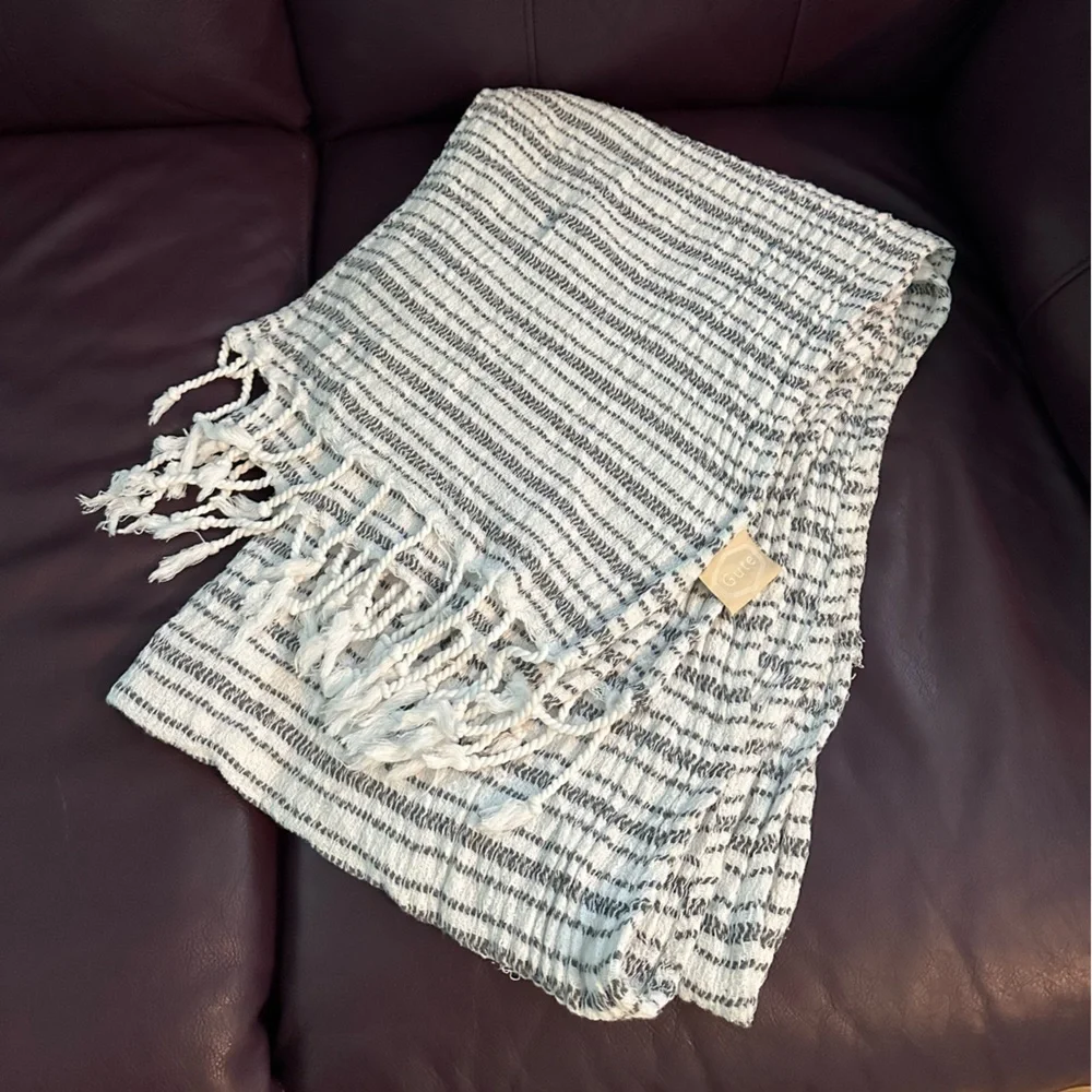 Minimalist Neutral Hand-Loomed Cotton Gray/White Tassel Throw 27.5” x 72” Gute
